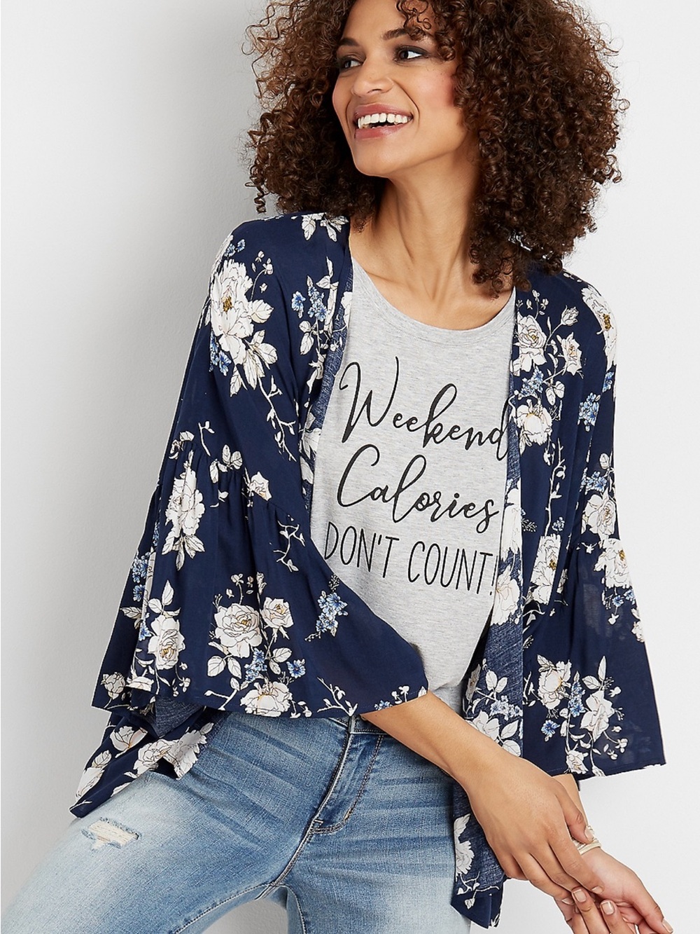 Maurices Navy Floral Draped Kimono Cardigan